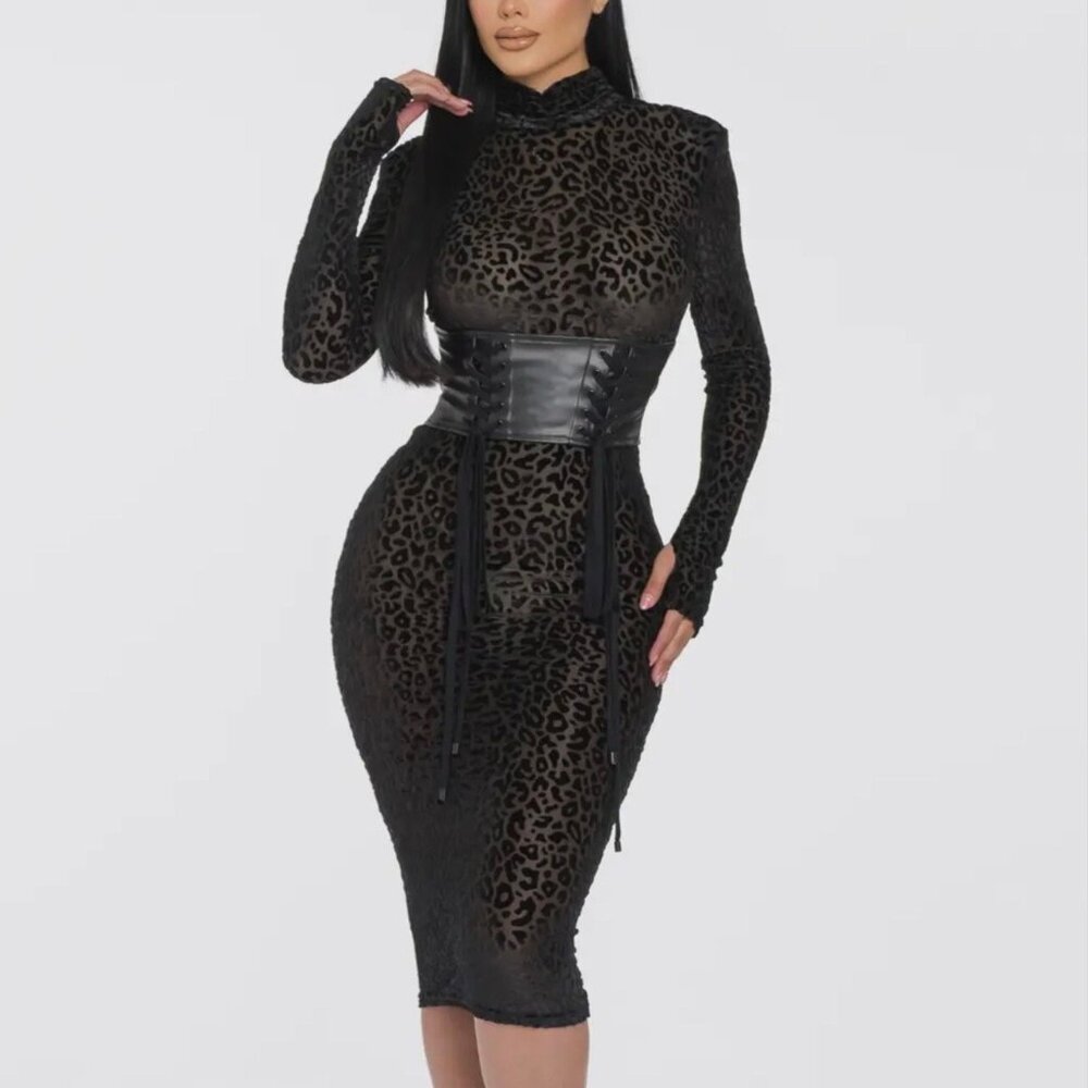 Mesh Velvet Leopard Print Midi Dress